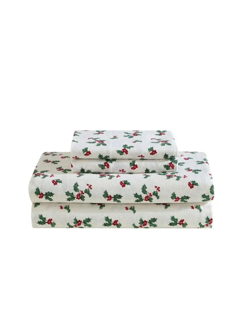 Lenox Flannel Sheet Set, Holly Green Berries, QUEEN